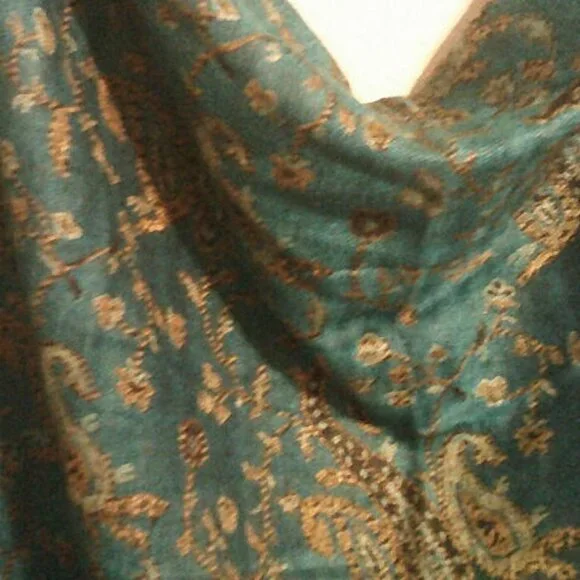 Teal Paisley Pashmina Silk Blend Scarf Shawl Wrap Boho Fringe 60” - Picture 4 of 7